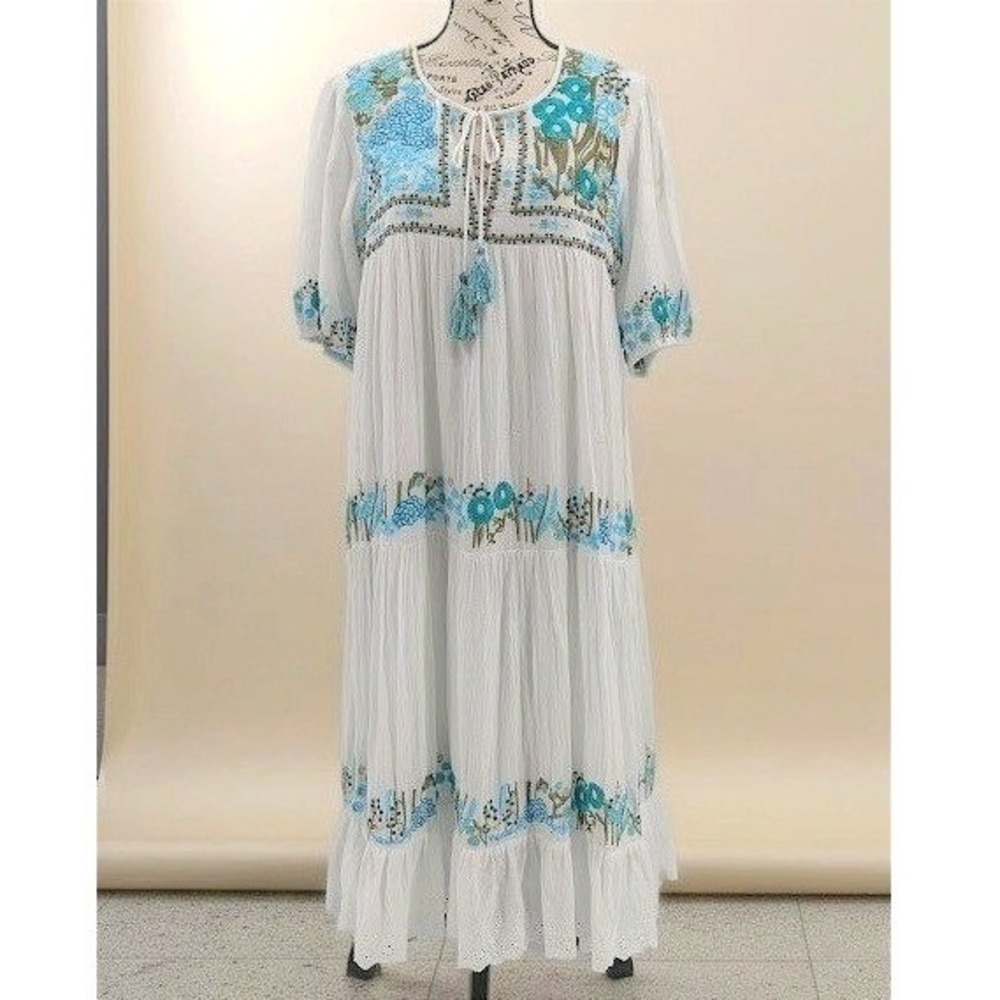Tolani Tunic Patio Dress Floral Embroidered Tiered Tassels Crinkled Gauze Size L